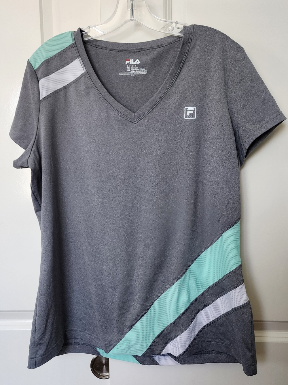 Fila Gray Short Sleeve V-Neck Tee with Mint and White Accents
